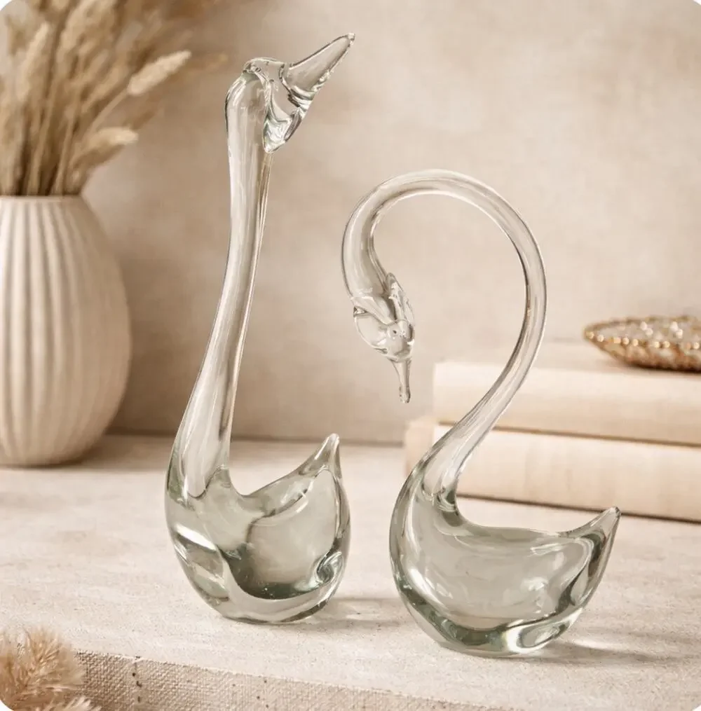 Vintage MCM Pair of Clear Hand Blown Glass Swans Smooth Pontil Quality Versatile